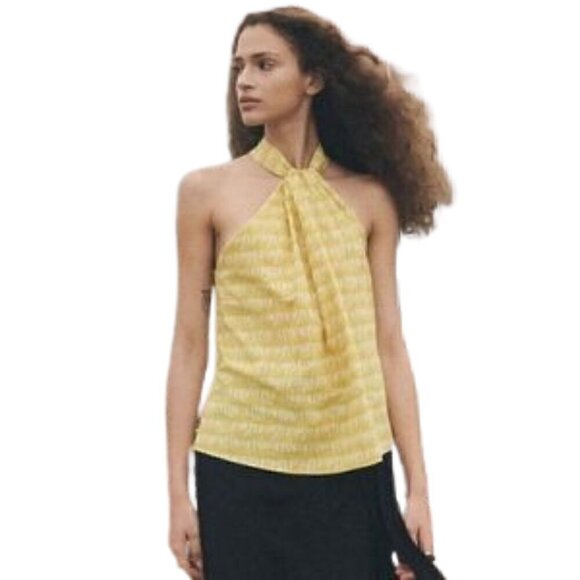 NWOT ZARA Beige yellow cotton linen blend high mock neck flowy top - Picture 1 of 11